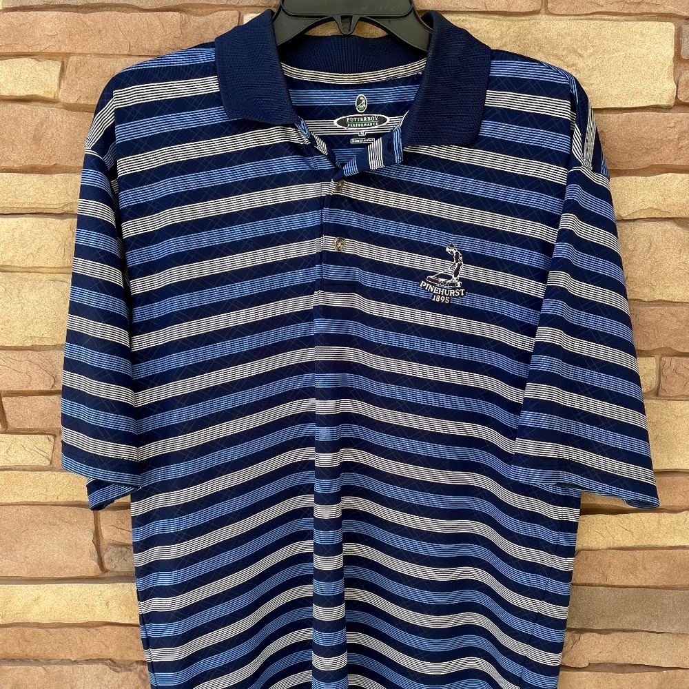 Putterboy Performance Polo Black Blue Grey Striped Pinehurst 1895 Embroidered